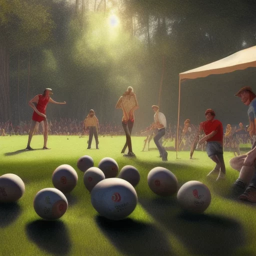 119312715-PÉTANQUE PARTY at a campsite photographie,  photorealistic fantasy, art by , in the style of Mort Kunstler,  Pinterest Pixar,  s.webp